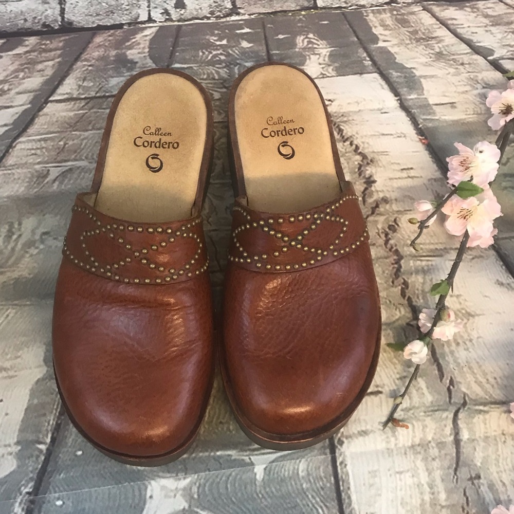 Calleen Cordero Brown Leather Studded Slide Clogs